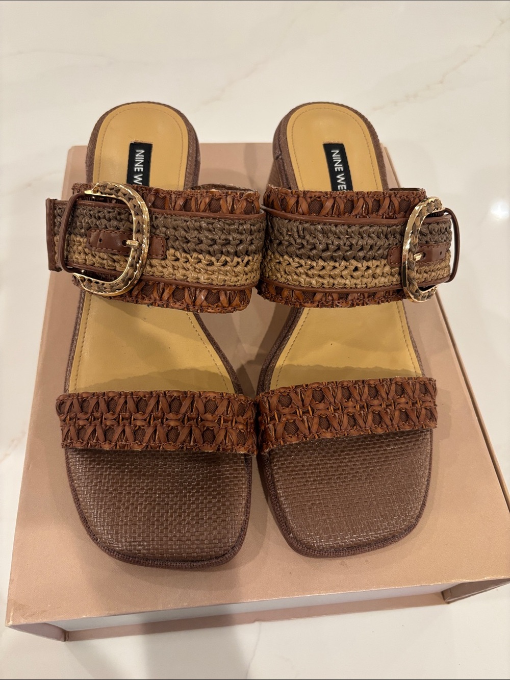 Nine West Brown and Tan Woven Buckle Slide Sandals